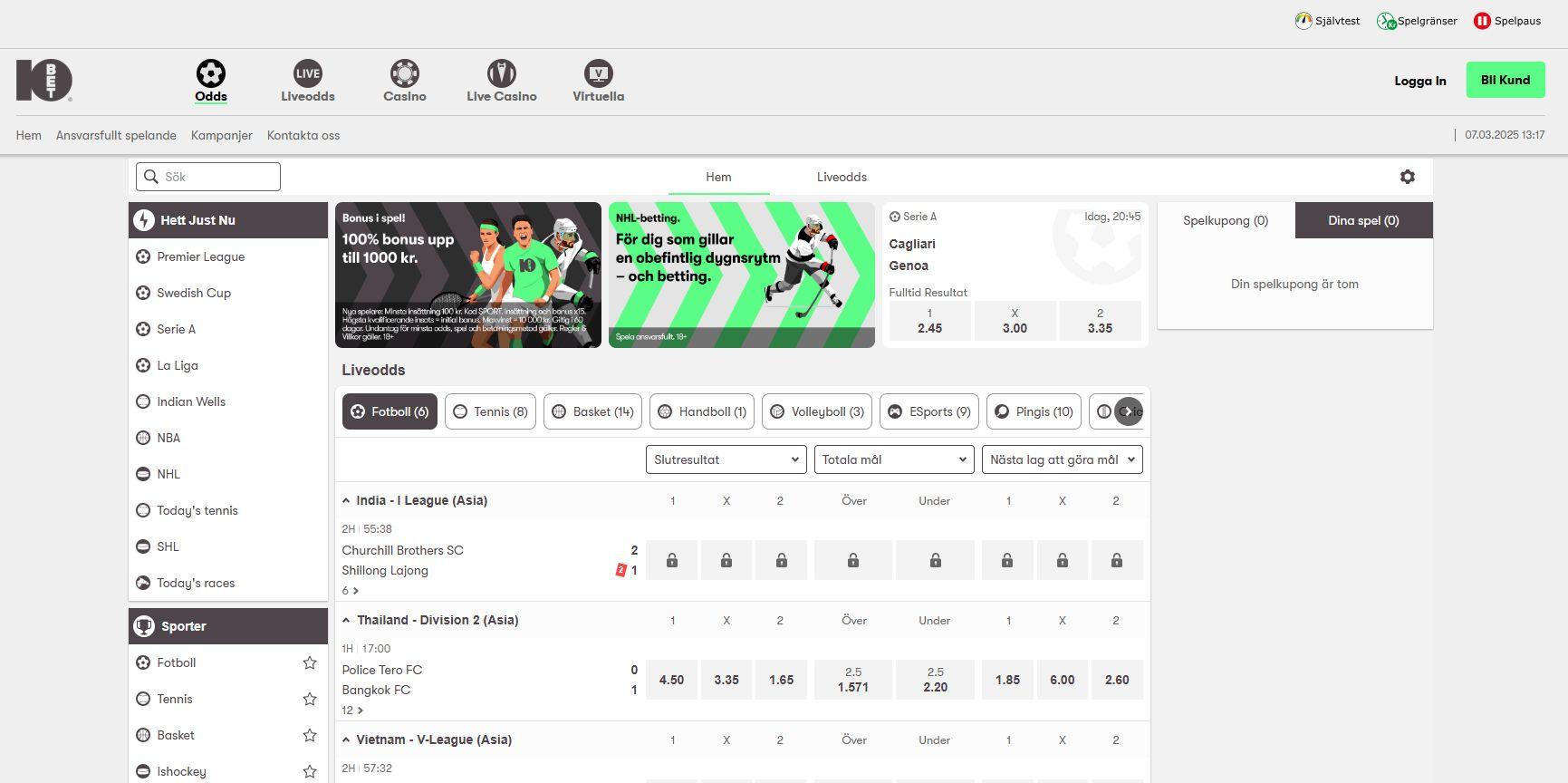 10bet:s startsida med fokus på betting