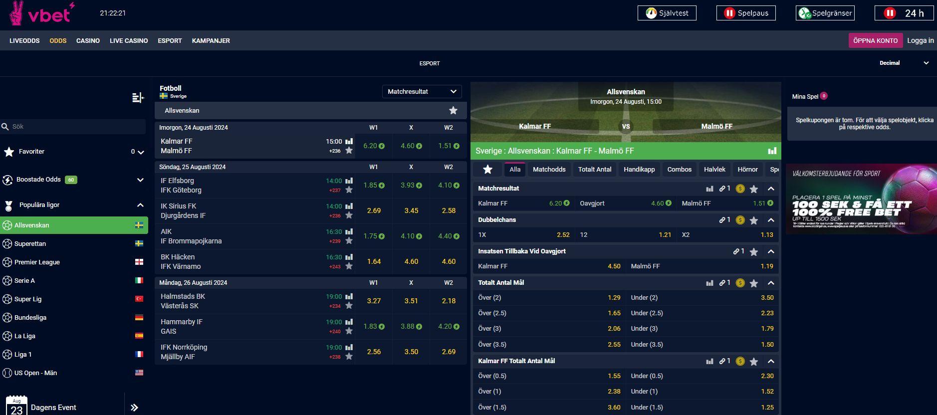 Skärmdump från sportsbooken