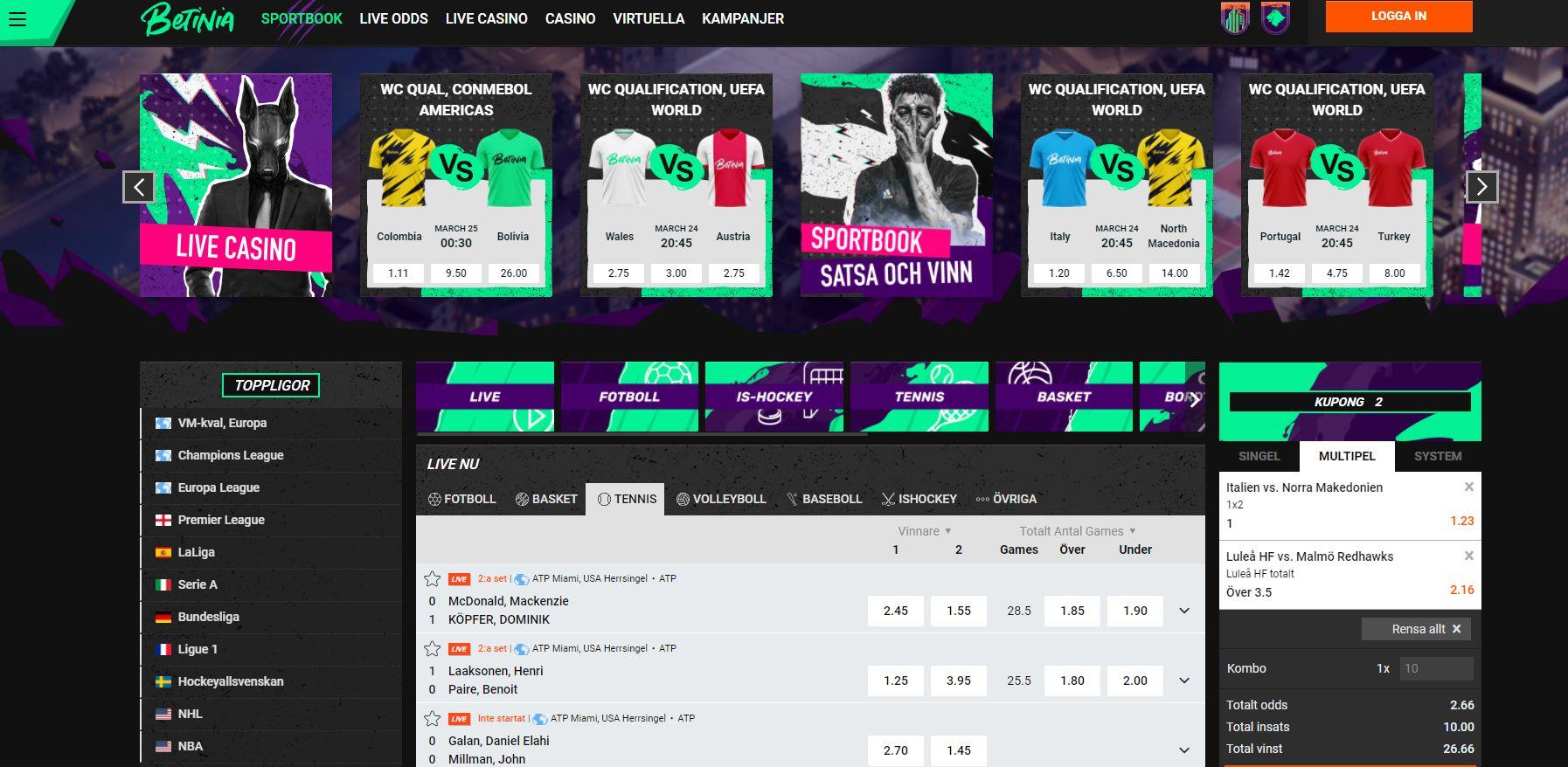 Odds avdelningen hos Betinia.