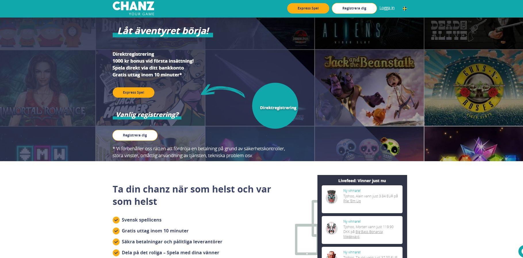 Startsidan hos Chanz Casino
