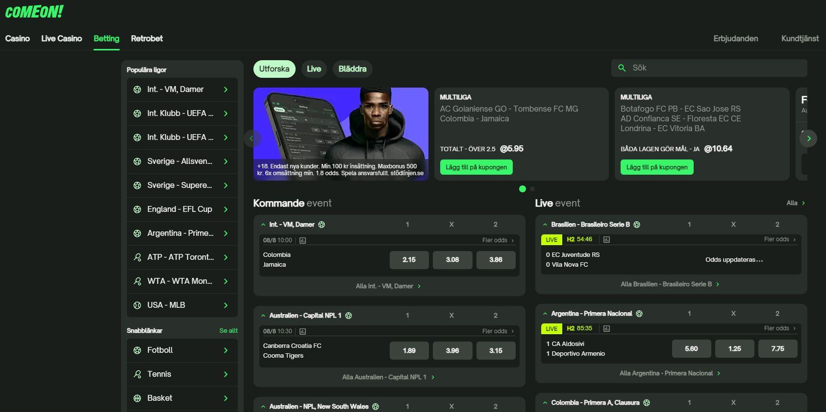 ComeOn:s bettingstartsida