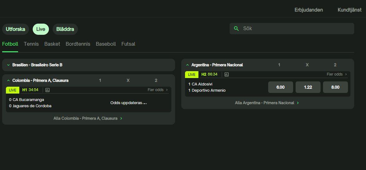 Livebettingsidan hos ComeOn