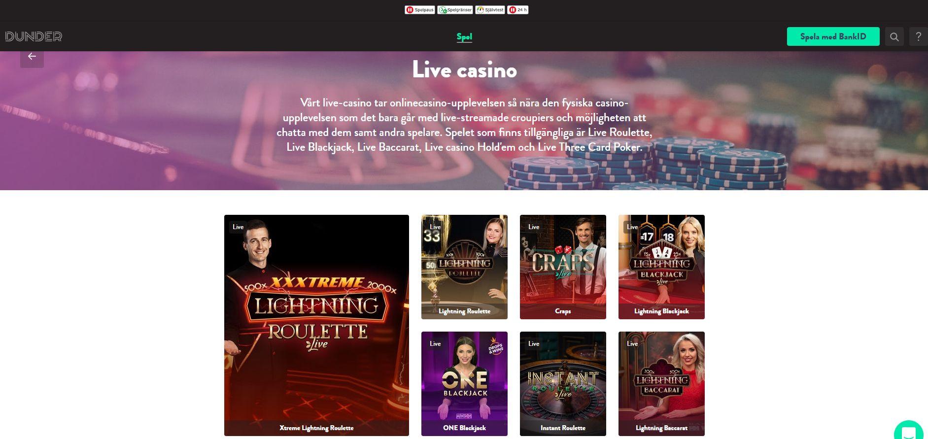Livecasinot som finns hos Dunder Casino