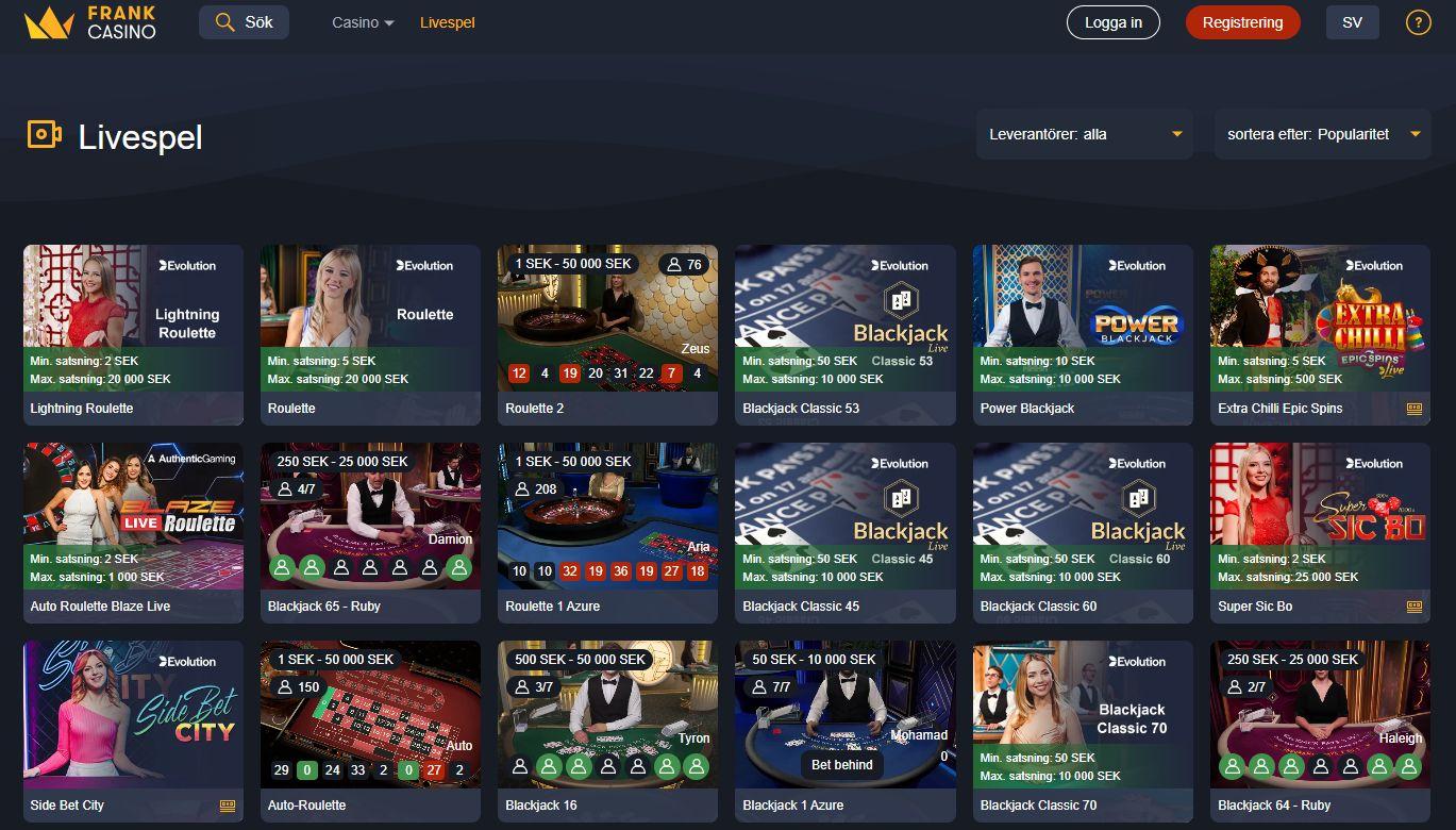 Livecasinot hos Frank Casino håller en bra nivå