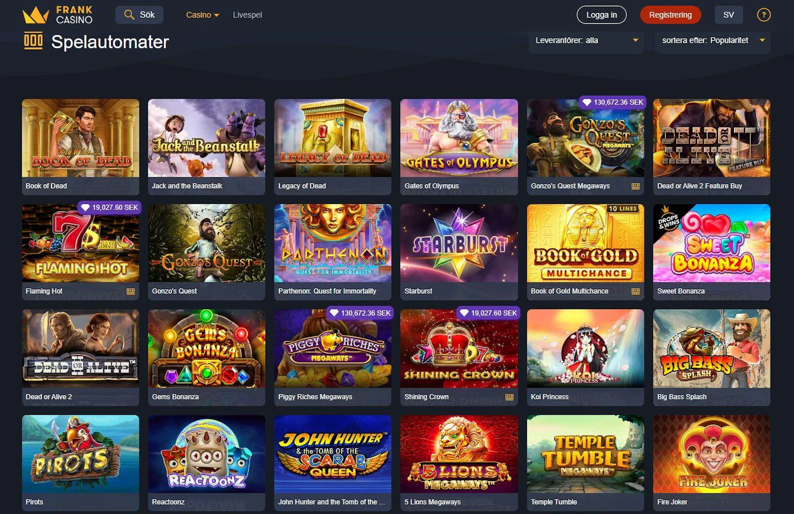 Gediget utbud av spelautomater