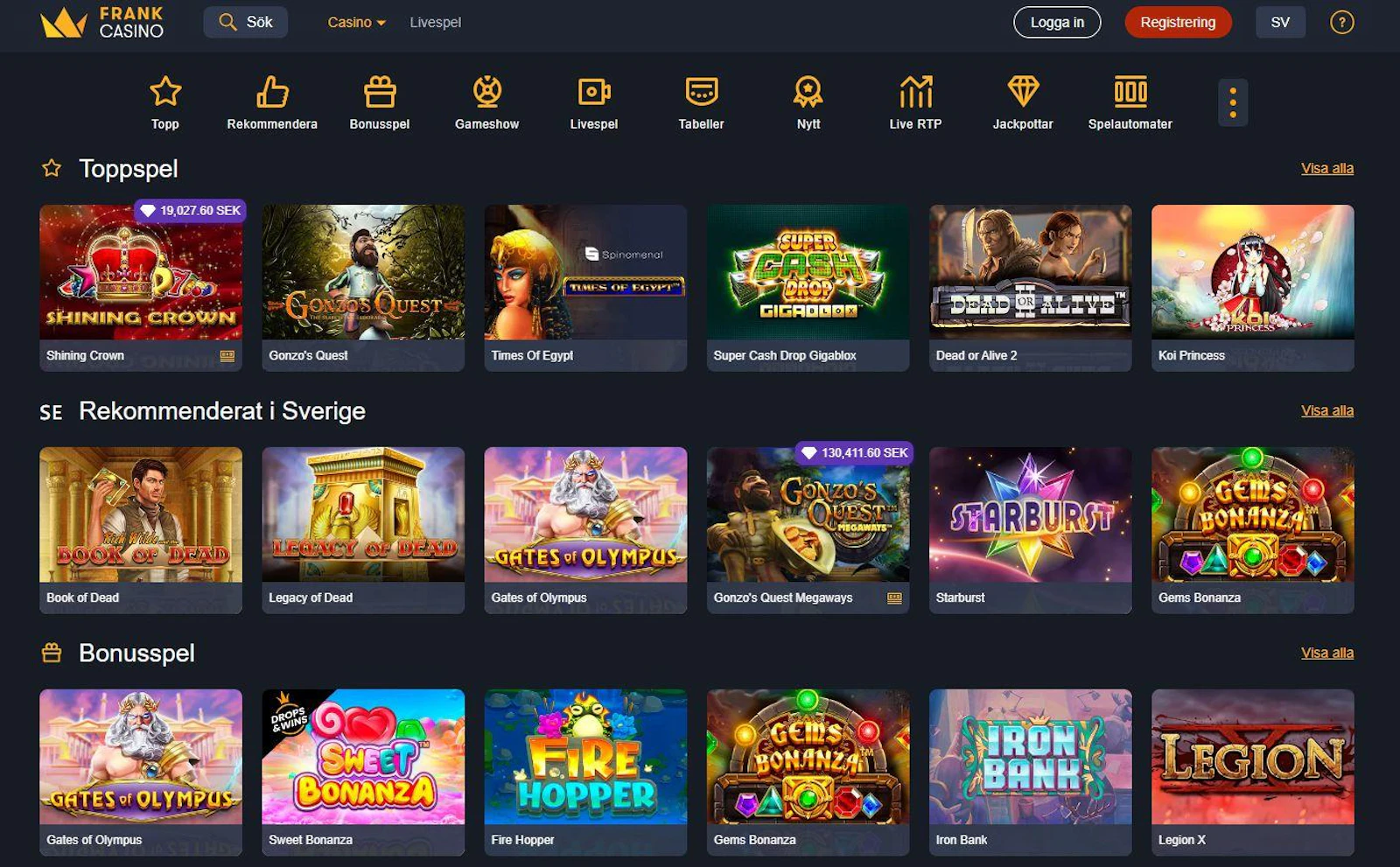 Startsidan hos Frank Casino