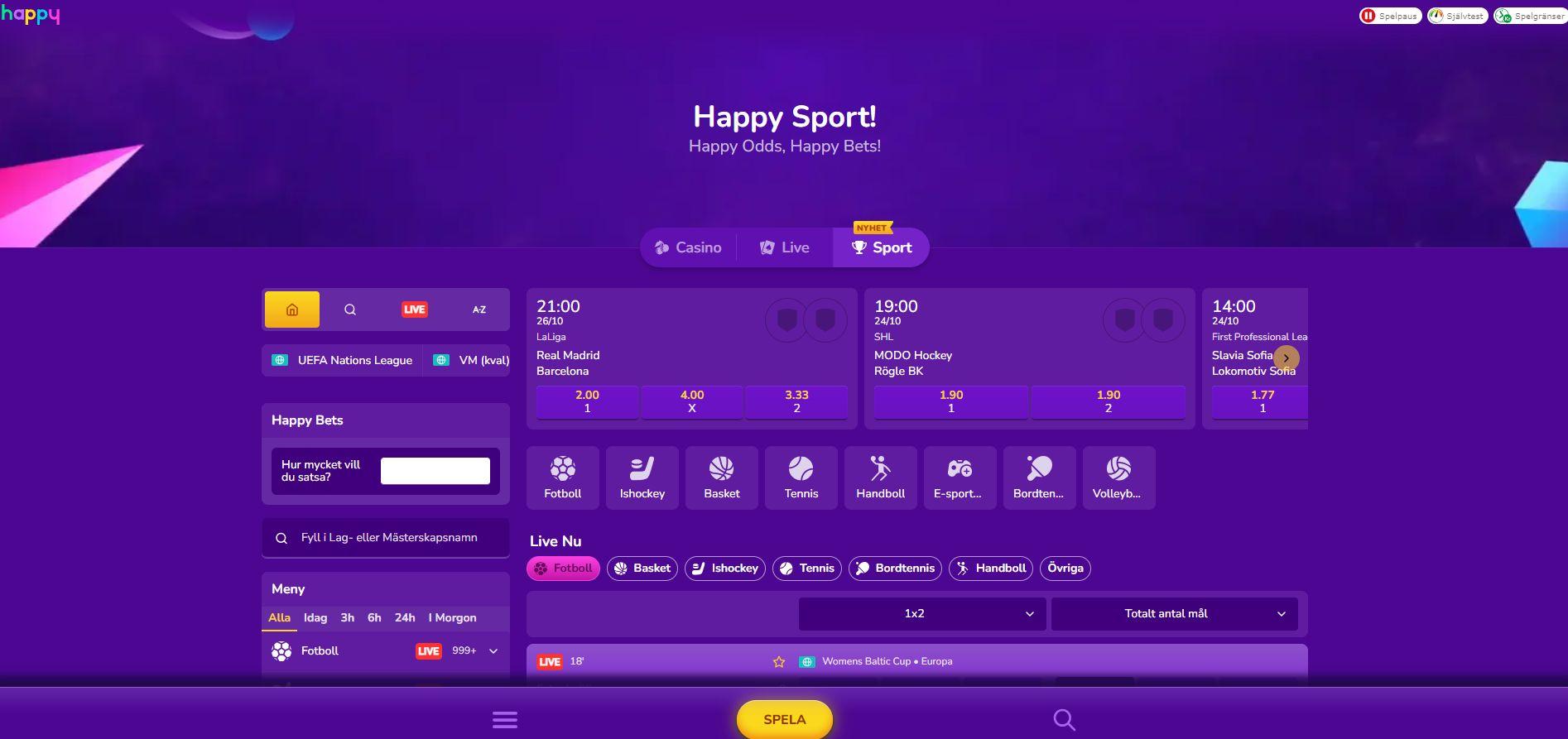 Startsidan på Happy Sports