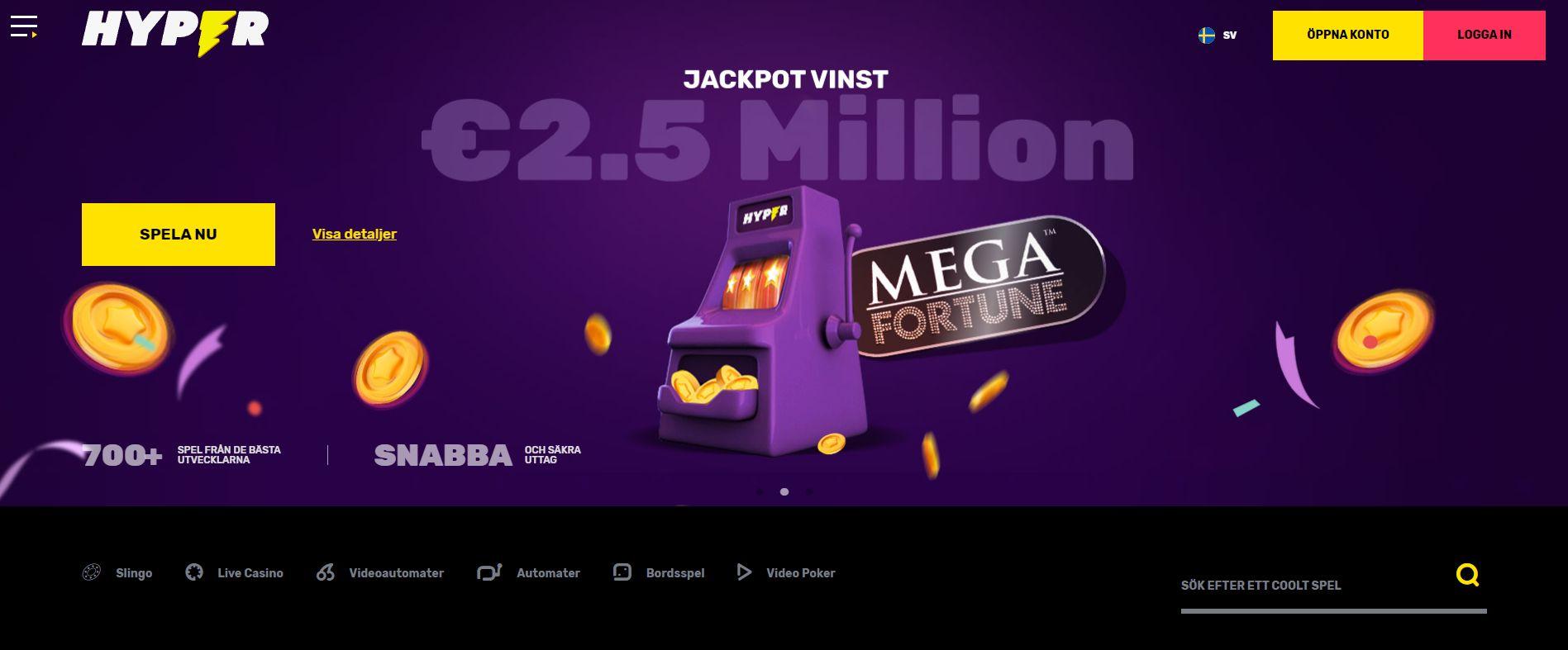 Hyper Casinos snygga startsida