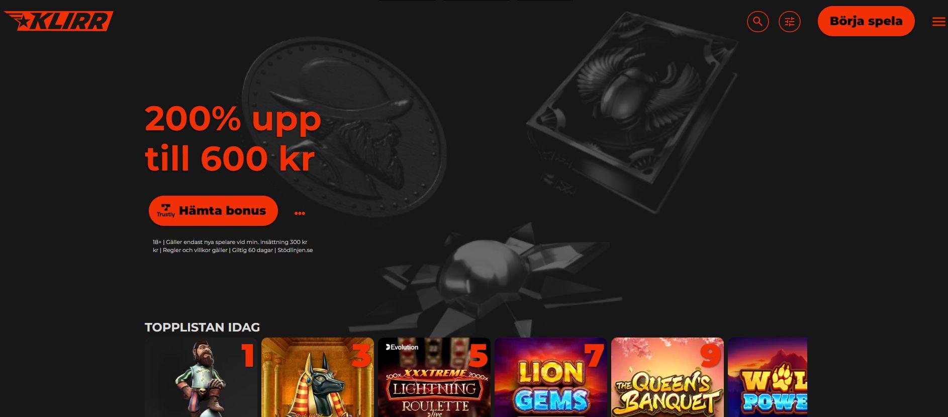 Startsidan hos Klirr Casino