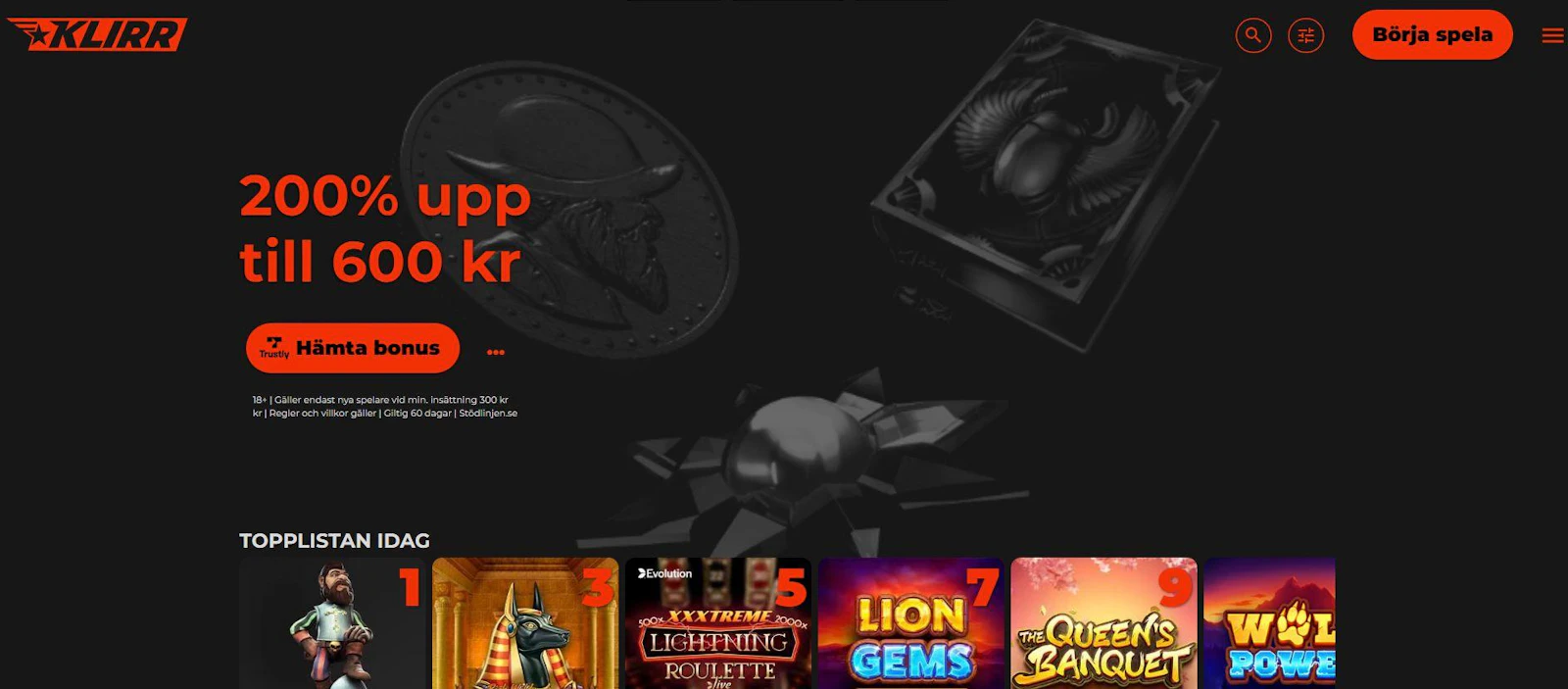 Startsidan hos Klirr Casino