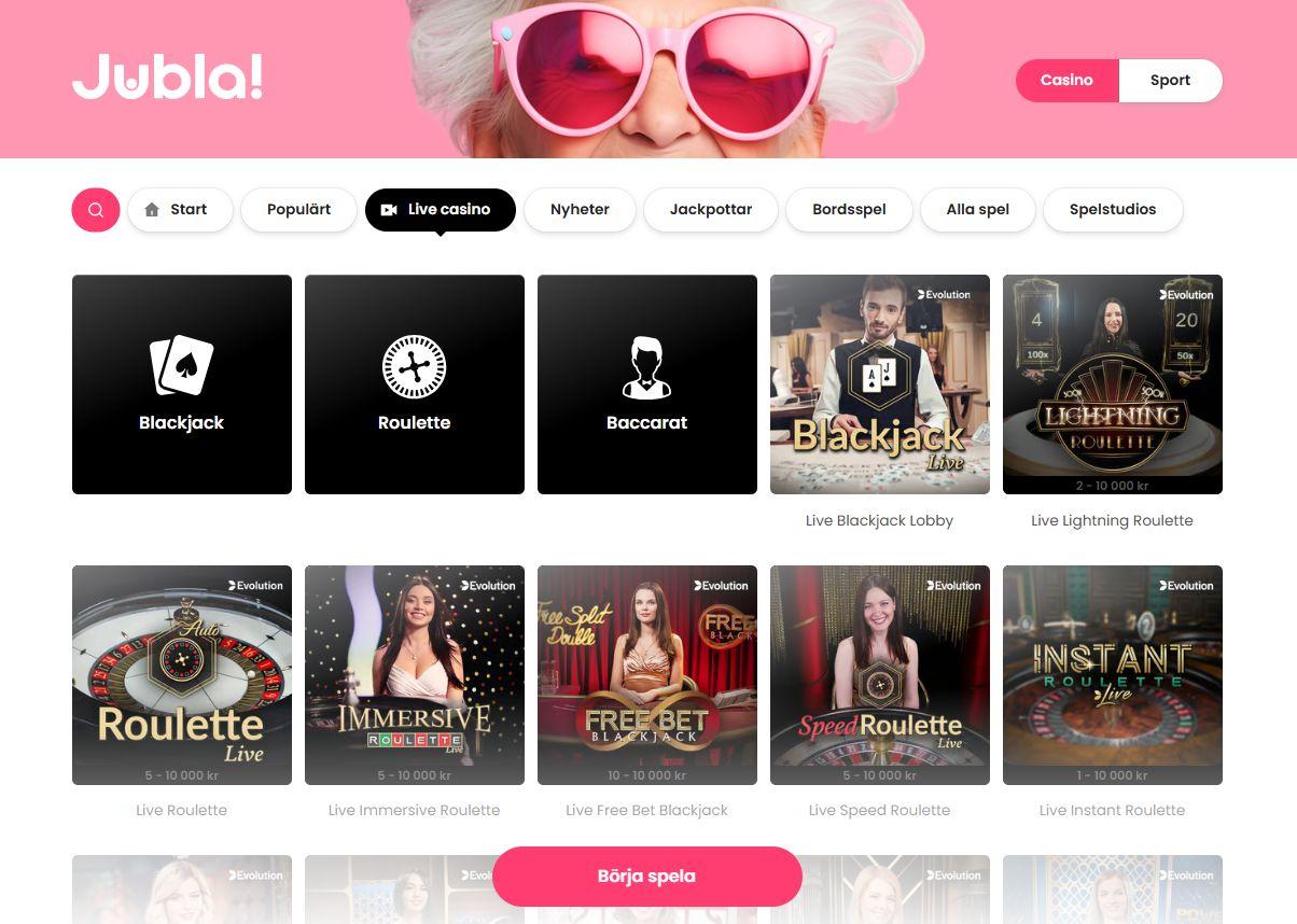 Jubla har ett spännande livecasino