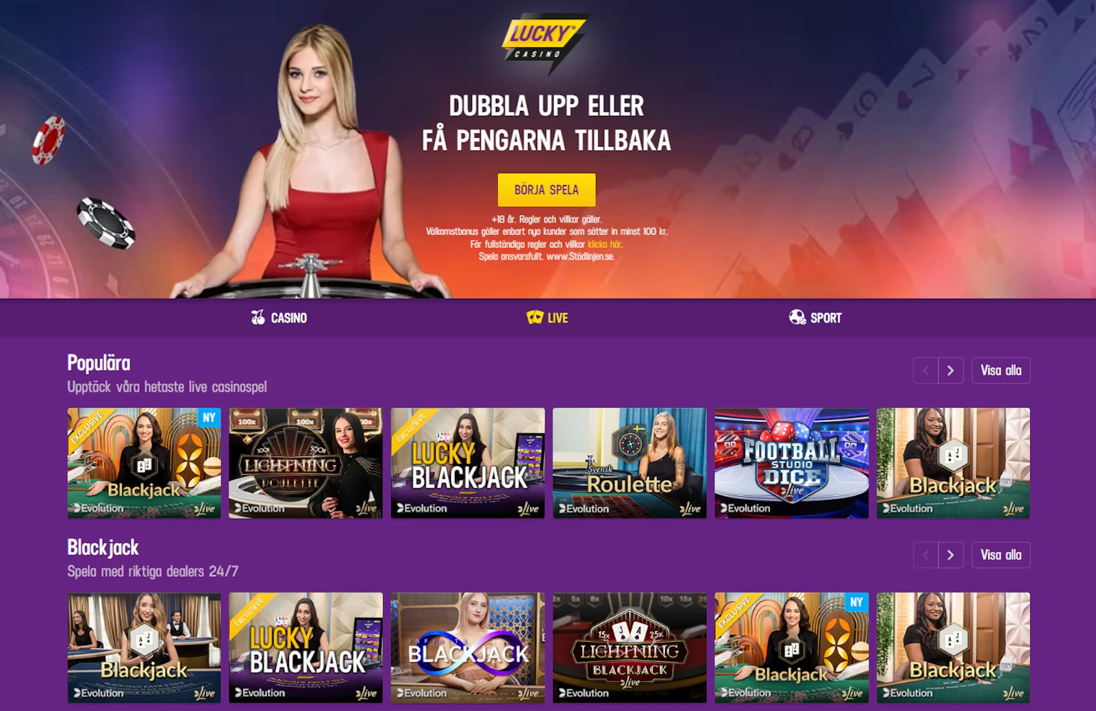 Lucky Casino har även ett livecasino
