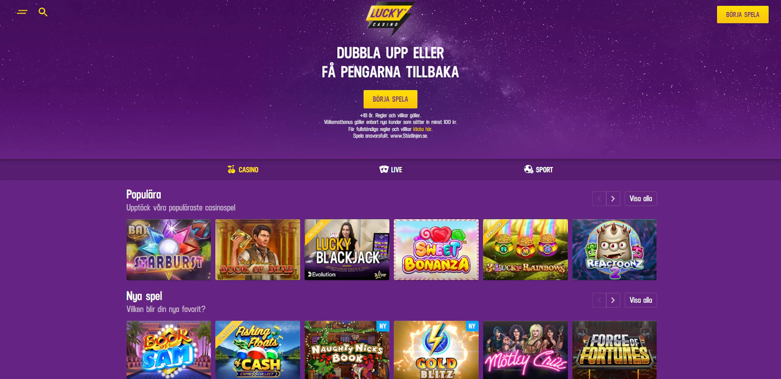 Startsidan hos Lucky Casino