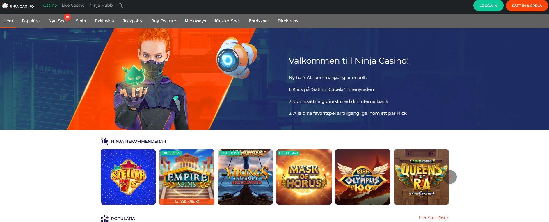 Startsidan hos Ninja Casino