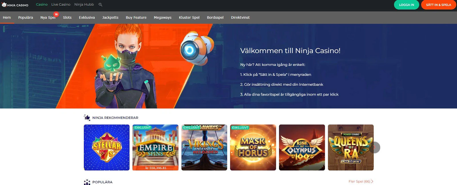 Startsidan hos Ninja Casino