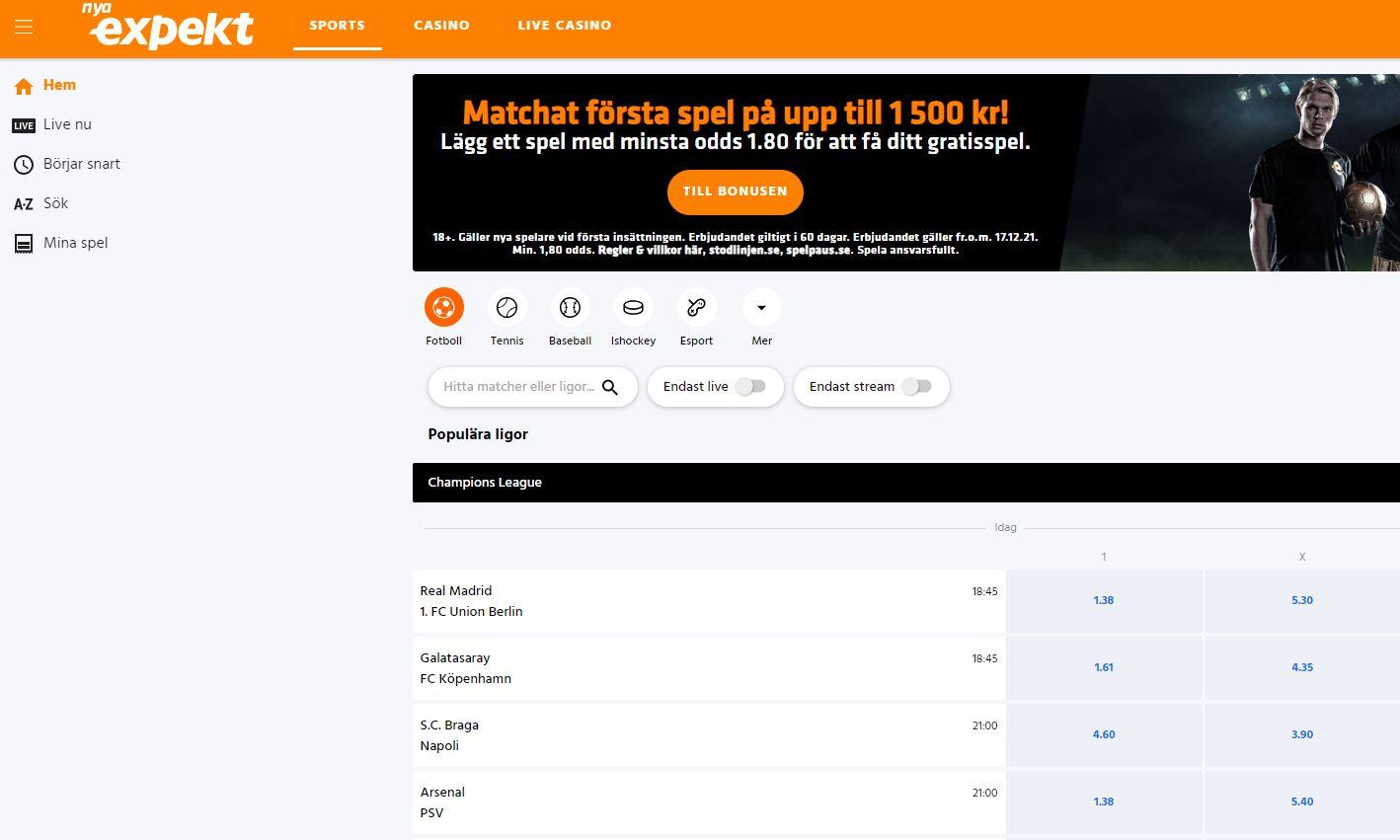 Startsidan på Expekt