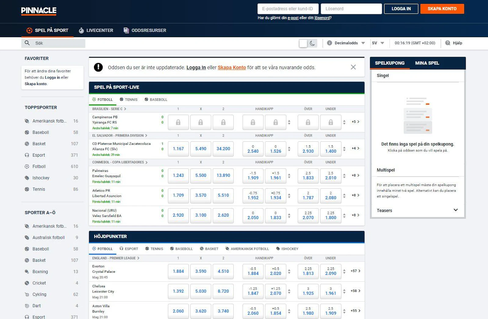 Startsidan för Pinnacles sportsbook