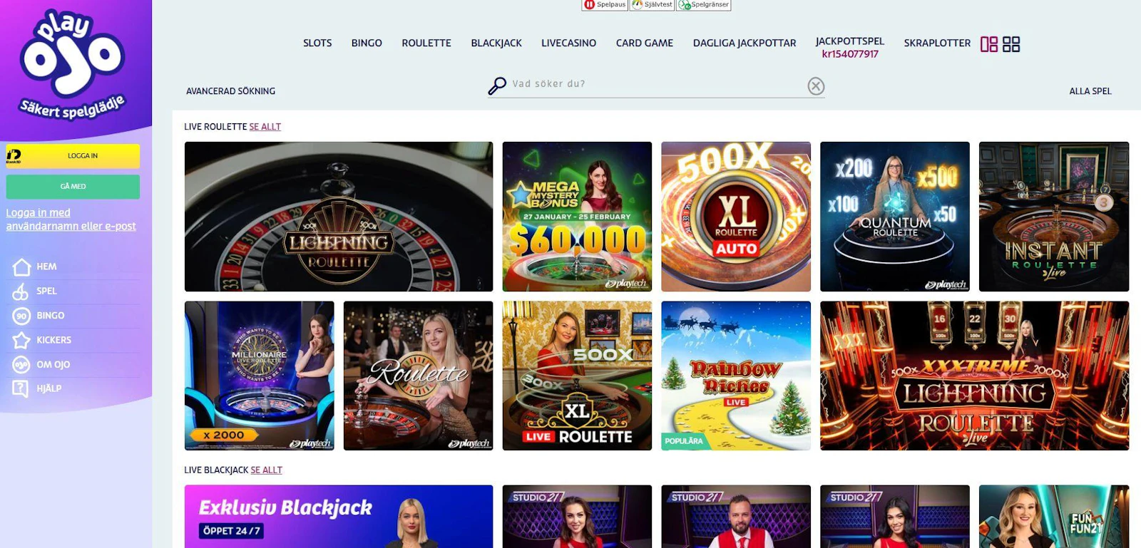 PlayOJO:s gedigna livecasino