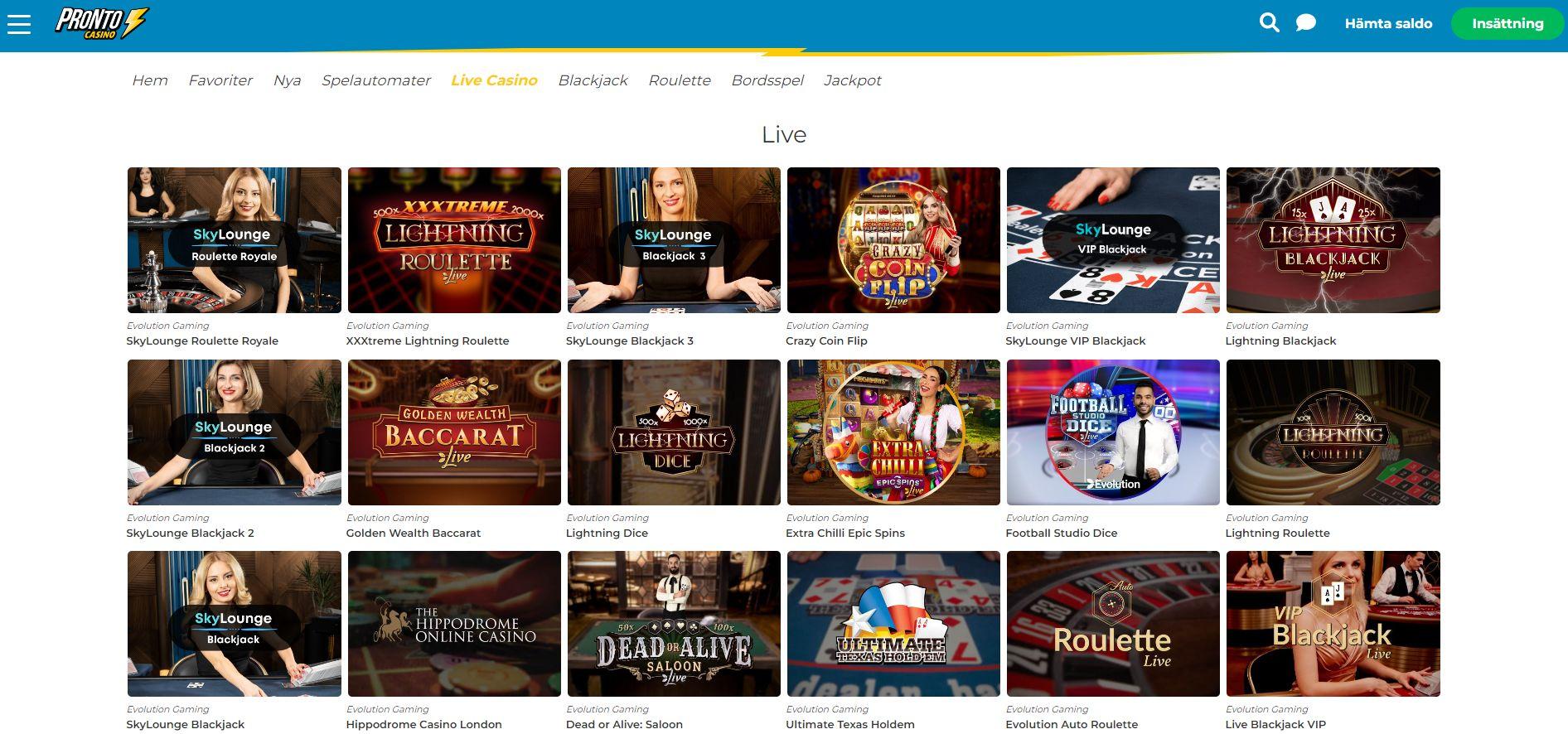 Livecasinot som finns att tillgå hos Pronto Casino