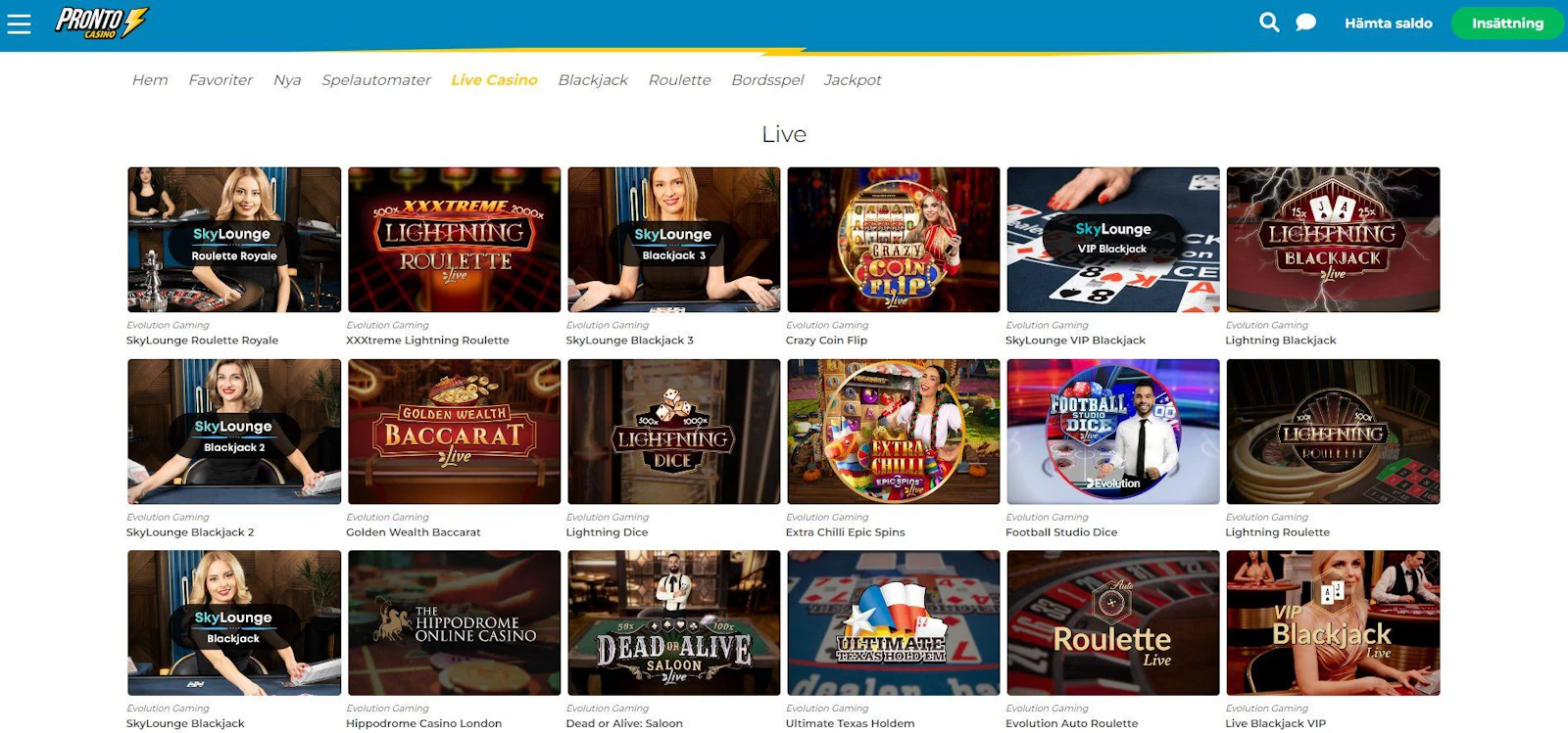 Livecasinot som finns att tillgå hos Pronto Casino