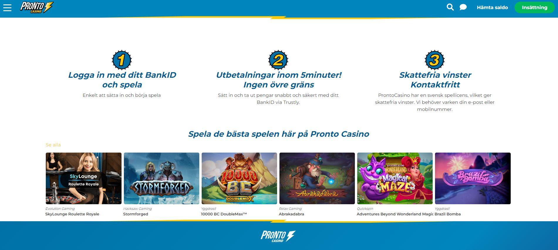 Startsidan hos Pronto Casino