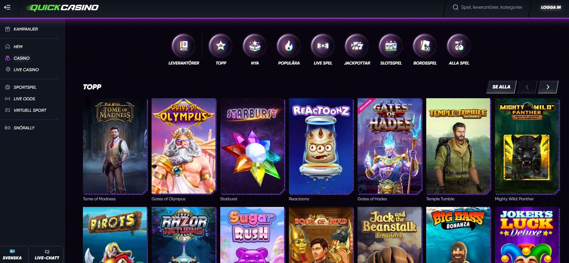 Nätcasinoavdelningen hos Quick Casino