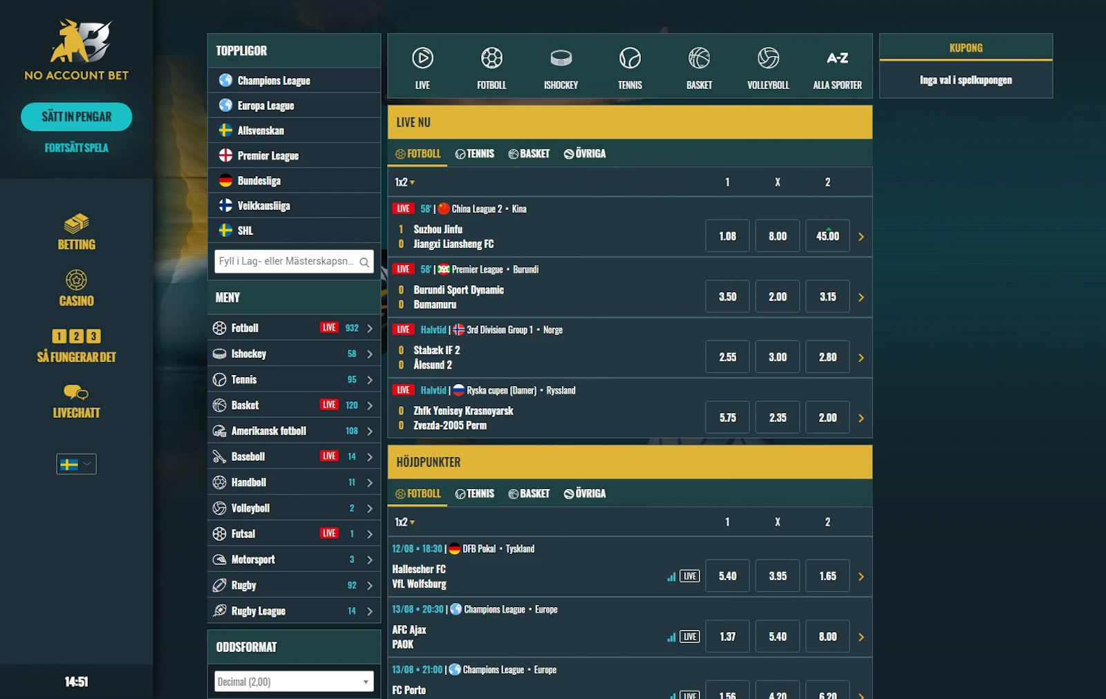 NoAccountBet Odds