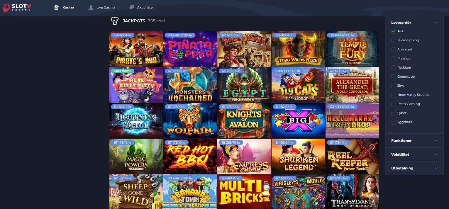 SlotV har ett stort utbud av jackpottar