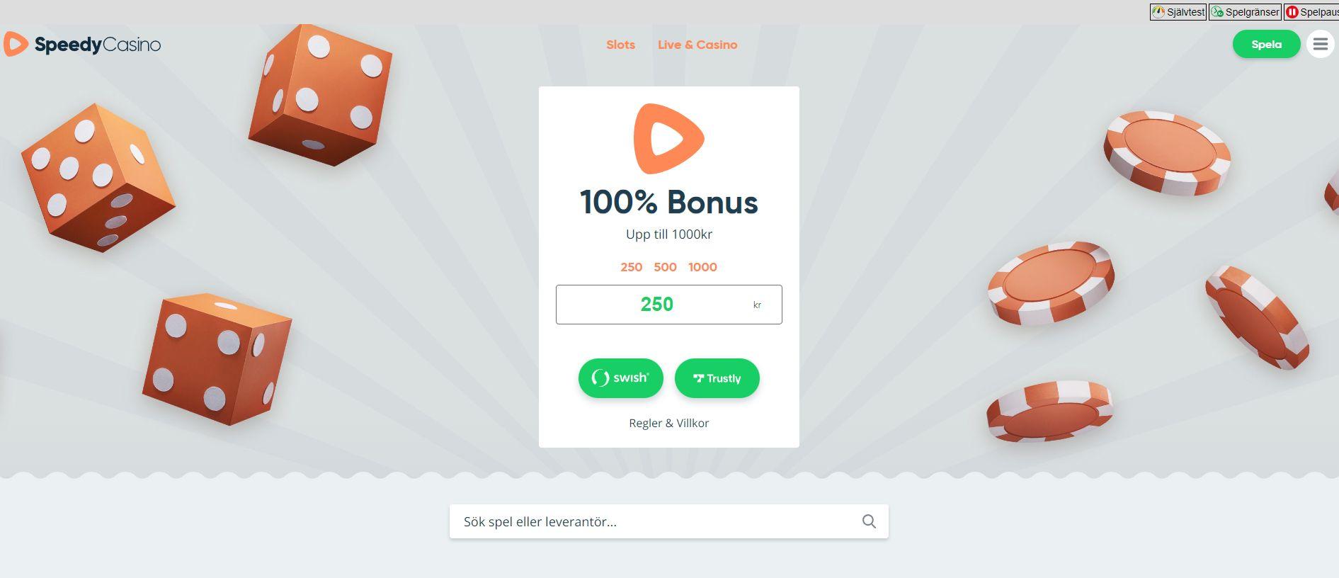 Startsidan hos SpeedyCasino