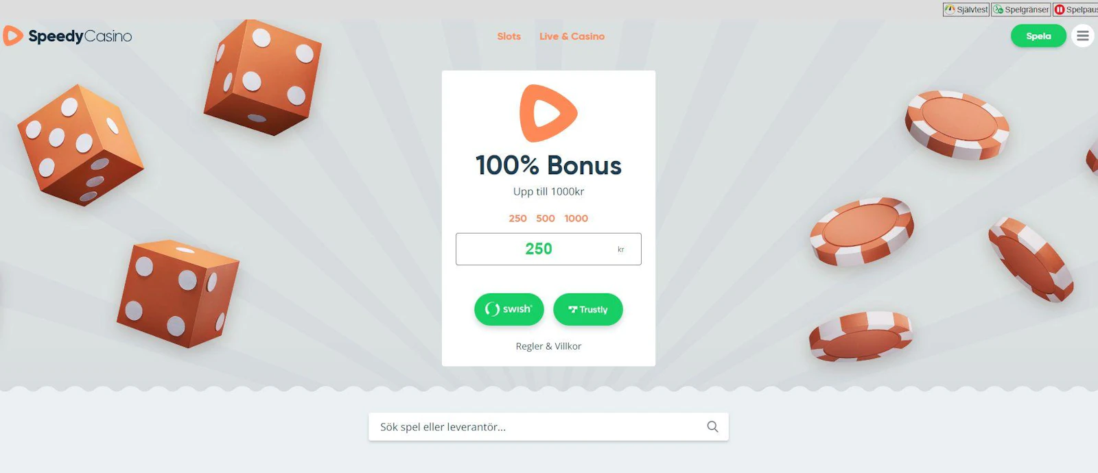 Startsidan hos SpeedyCasino