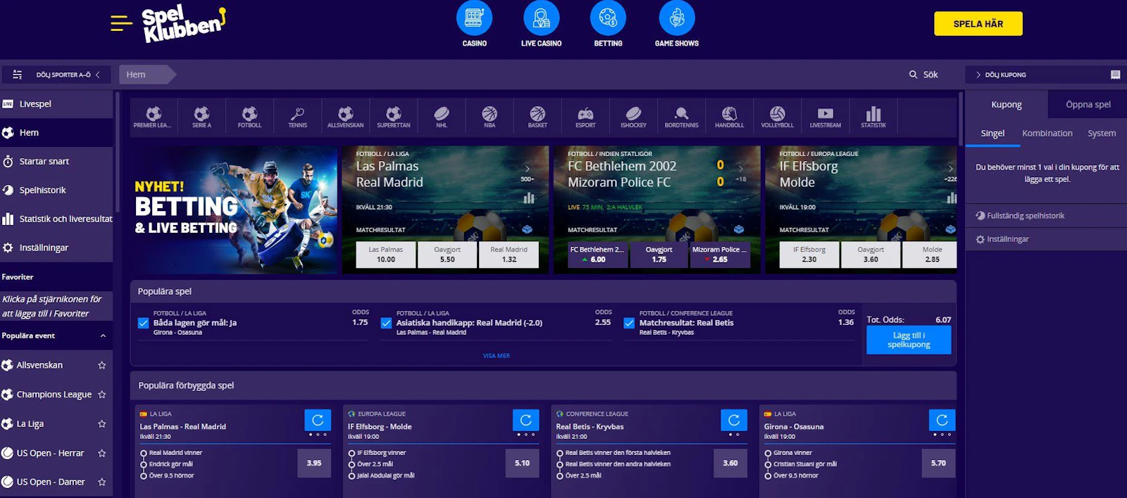 Så här ser Spelklubbens sportsbook ut