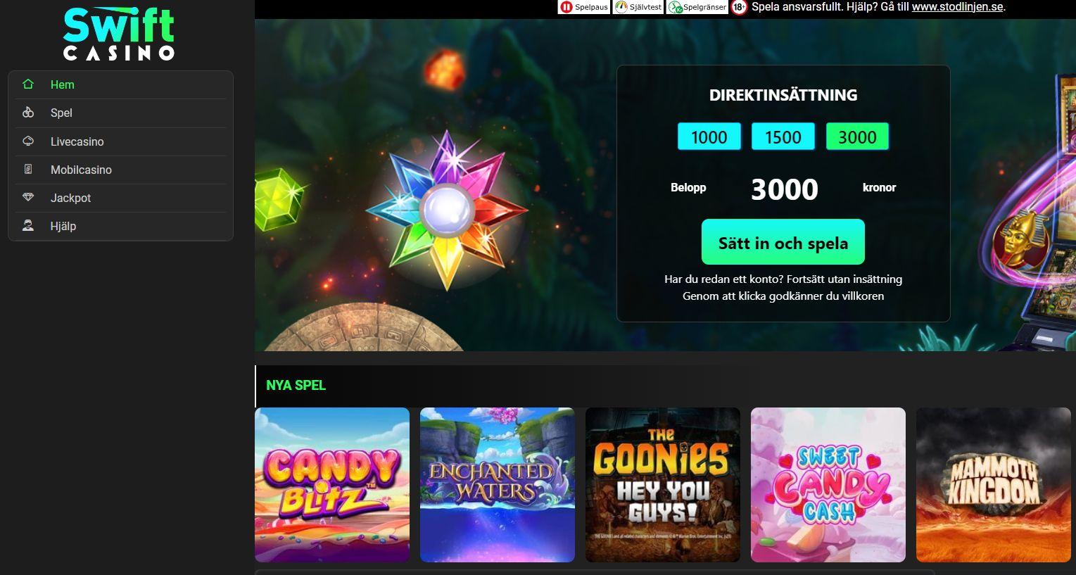 Startsidan hos Swift Casino