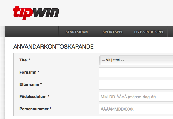 Fyll i dina uppgifter hos Tipwin