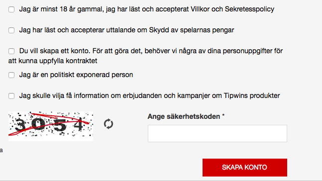 Klicka på "skapa konto" hos Tipwin