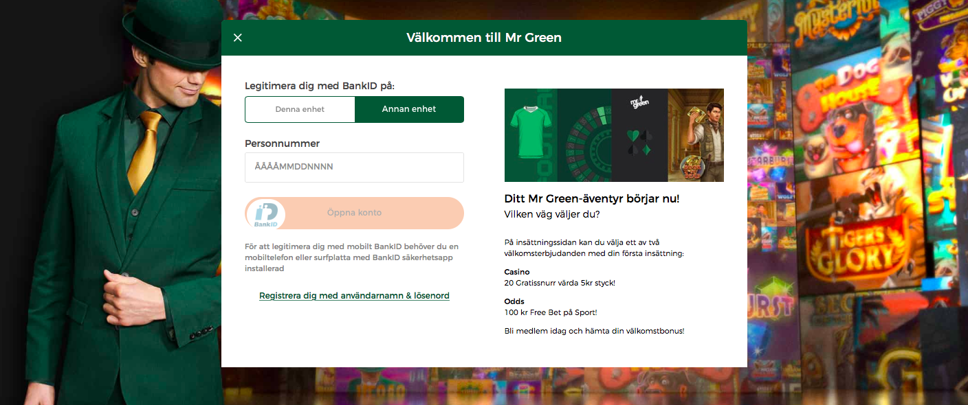 Registrering med Bank ID hos Mr Green