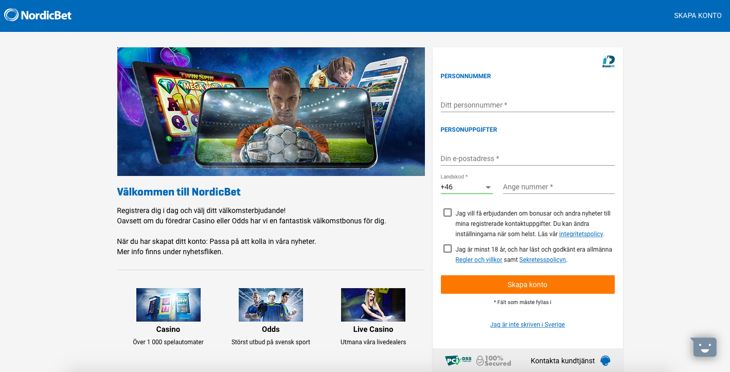 Skapa konto hos Nordicbet