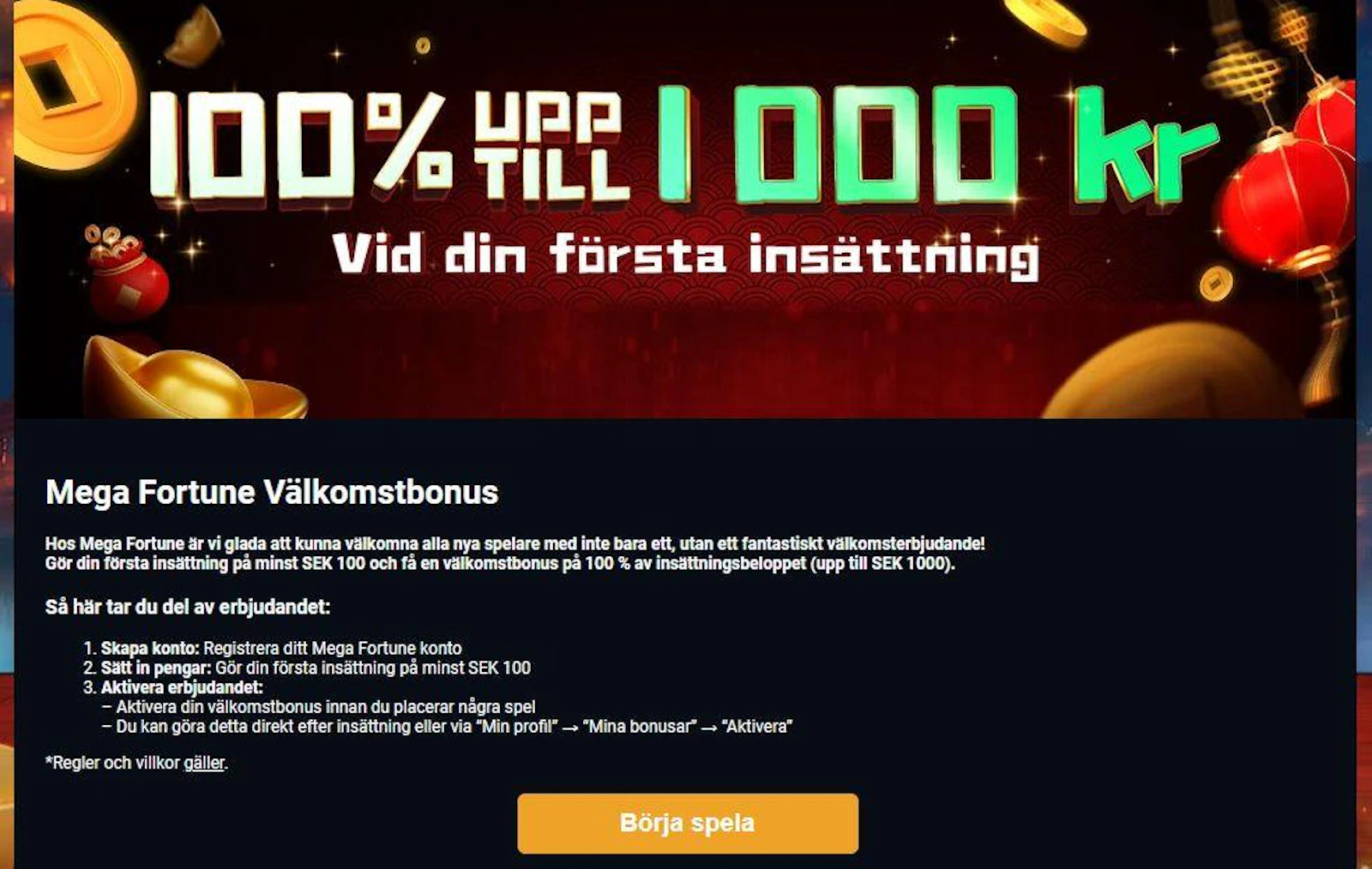 Välkomstbonusen hos Mega Fortune