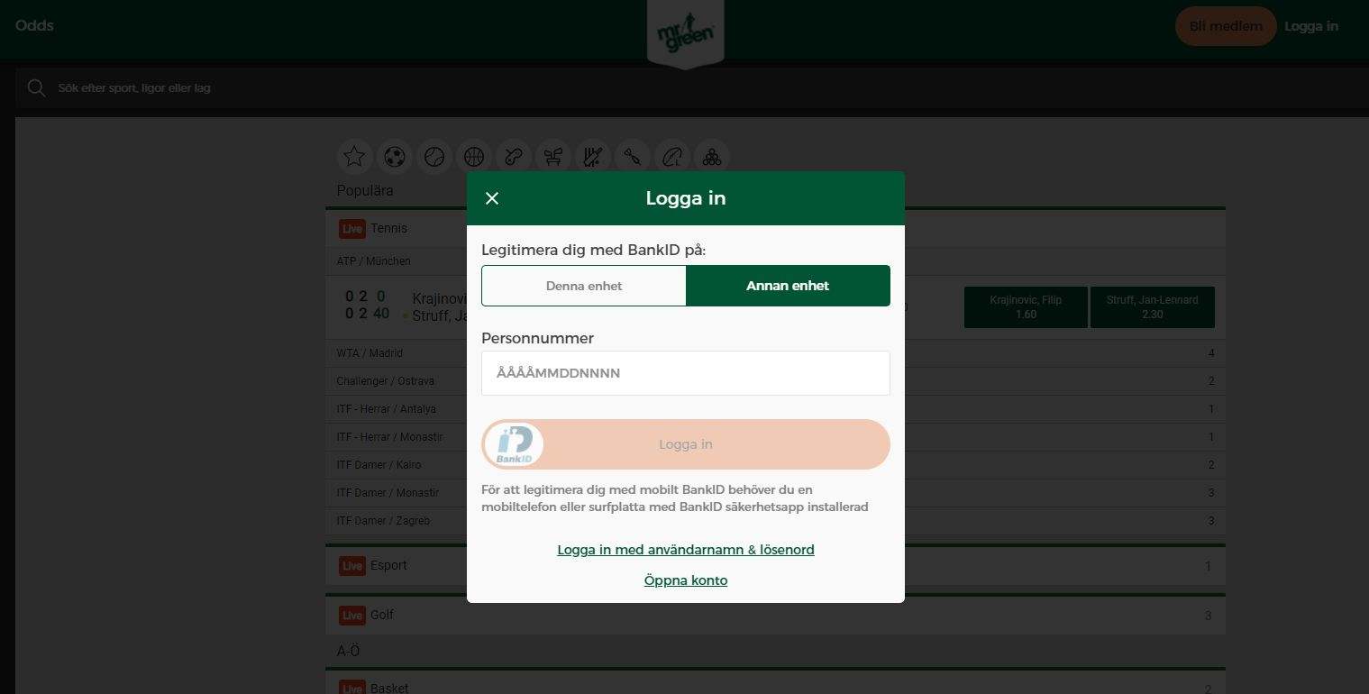 Logga in med Bank ID hos Mr Green