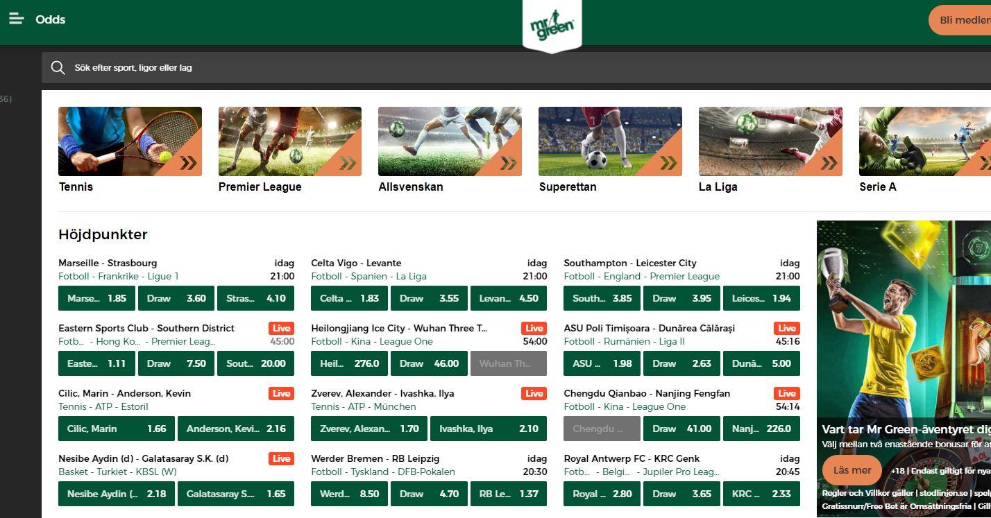 Odds på sport hos Mr Green