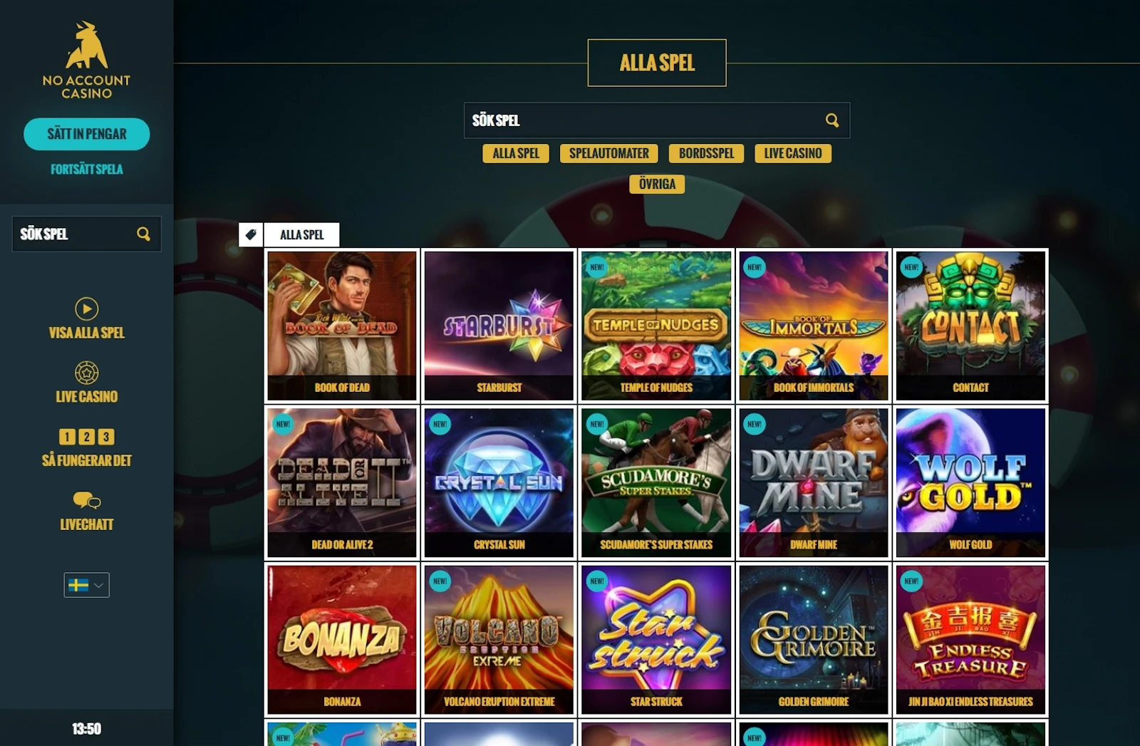 Noaccountcasino alla spel se