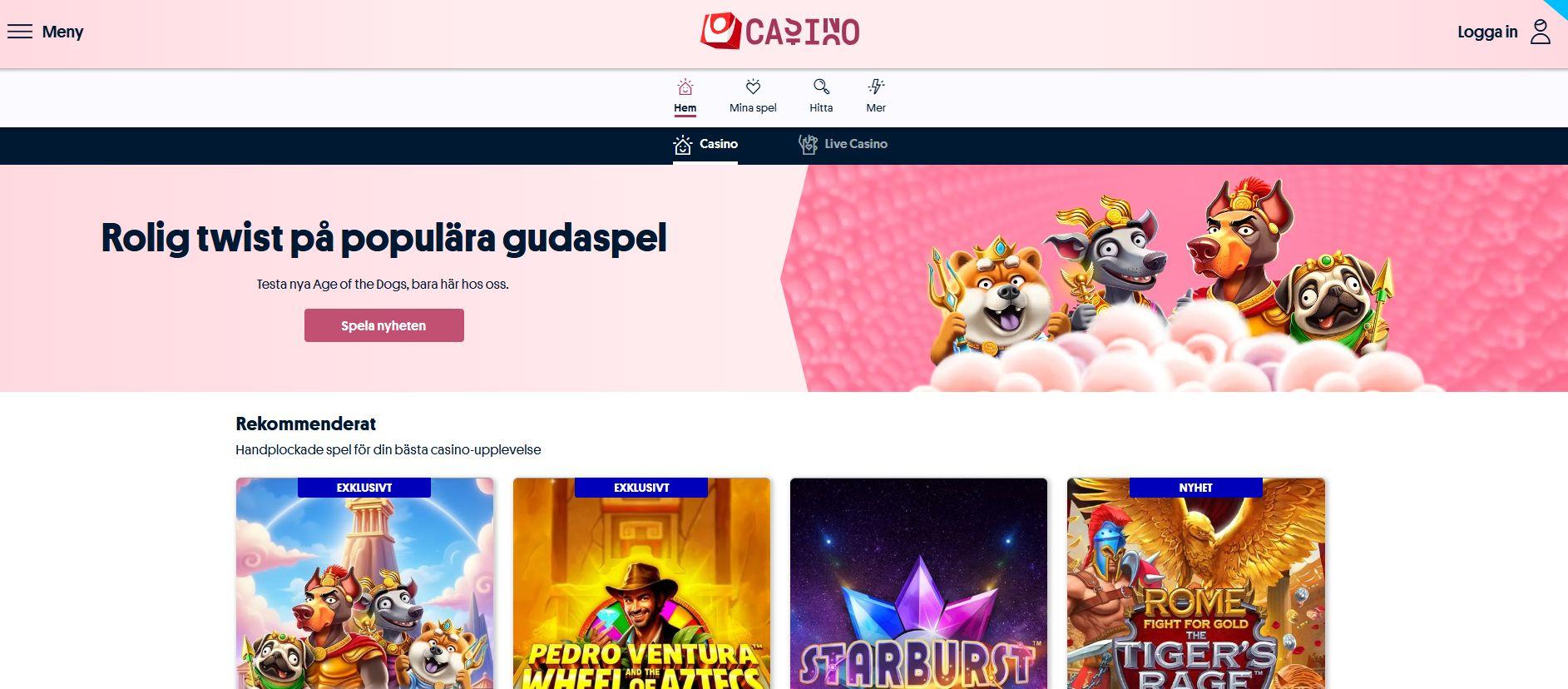 Startsidan på Svenska Spels casino