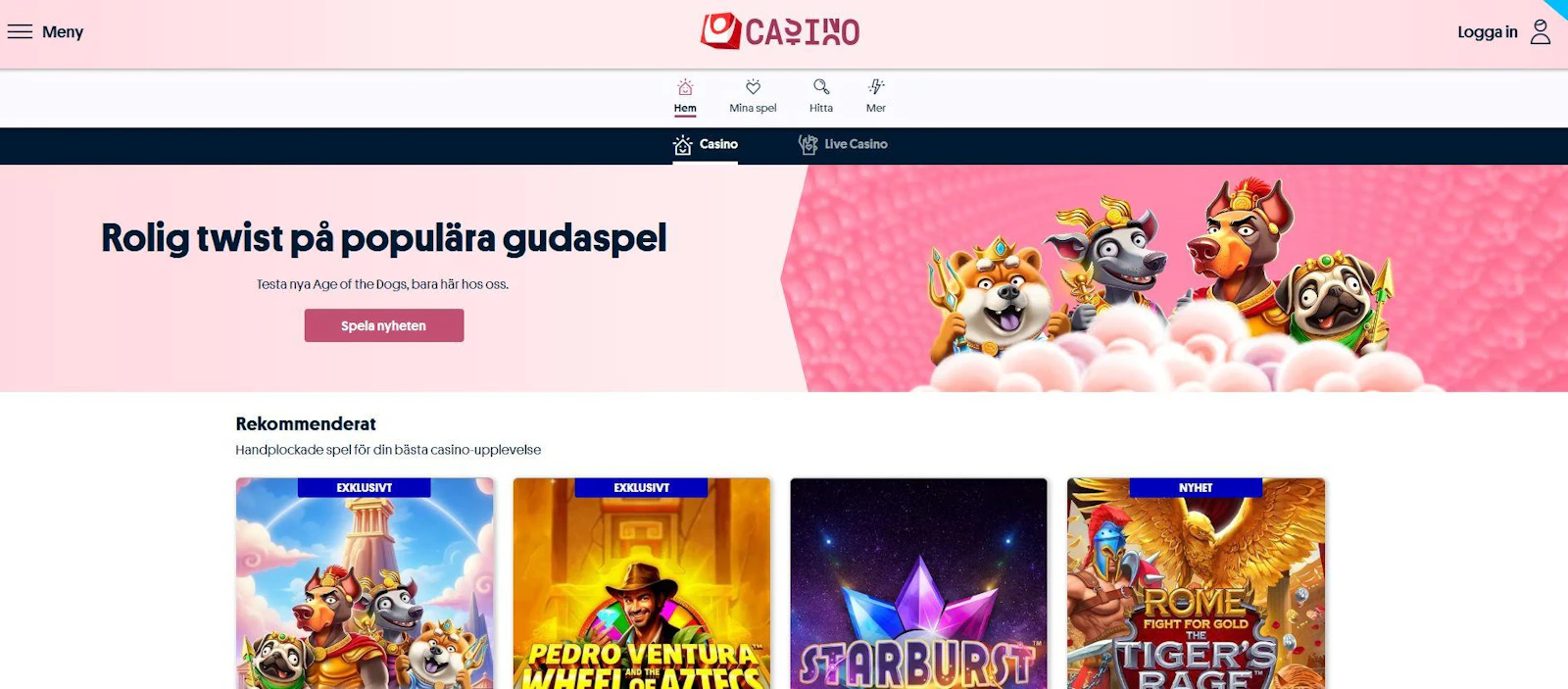 Startsidan på Svenska Spels casino